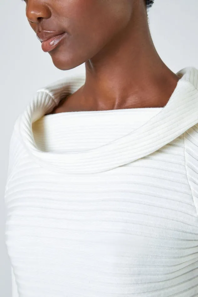 Ivory Ribbed Cowl Neck Stretch Jumper Women Roman Knitwear