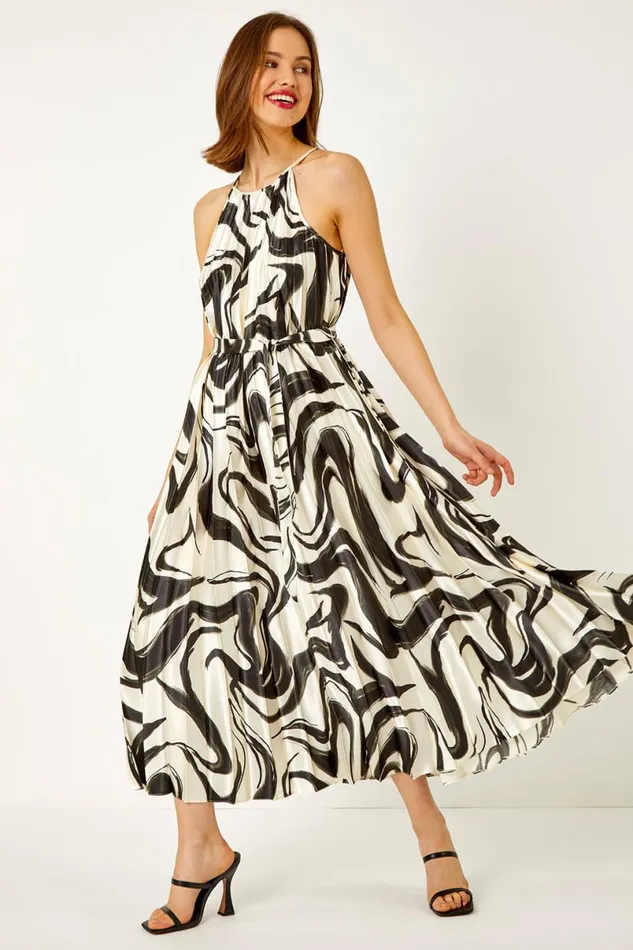 Ivory Sleeveless Swirl Print Pleated Chiffon Dress Women Roman Dresses