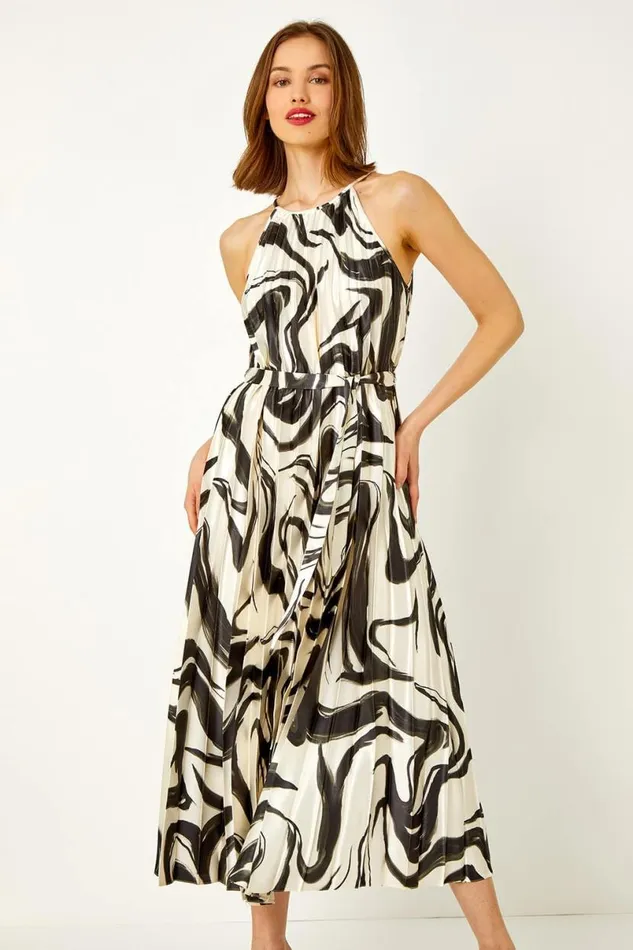 Ivory Sleeveless Swirl Print Pleated Chiffon Dress Women Roman Dresses