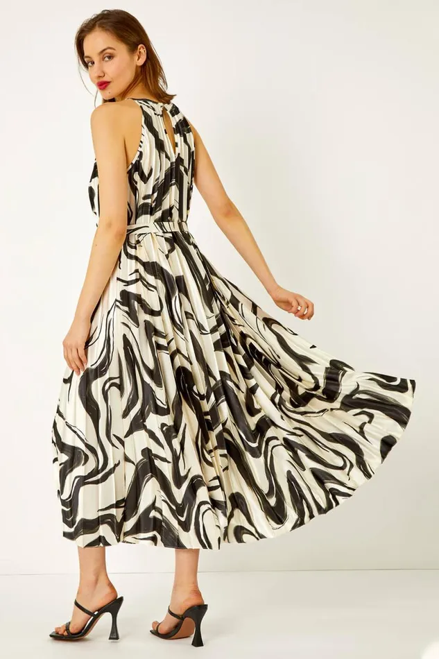 Ivory Sleeveless Swirl Print Pleated Chiffon Dress Women Roman Dresses