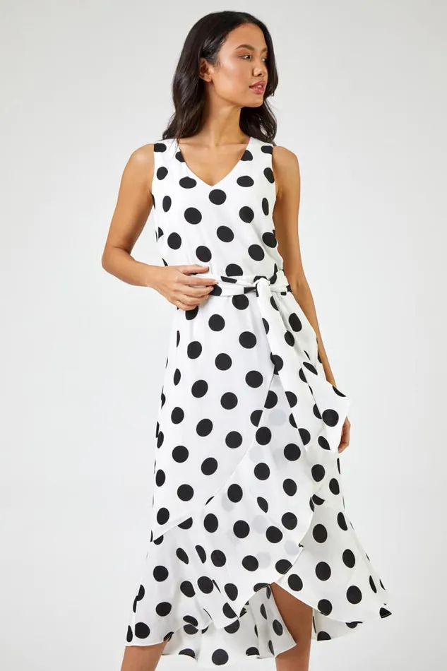 Ivory Spot Frill Hem Asymmetric Midi Wrap Dress Women Roman Dresses