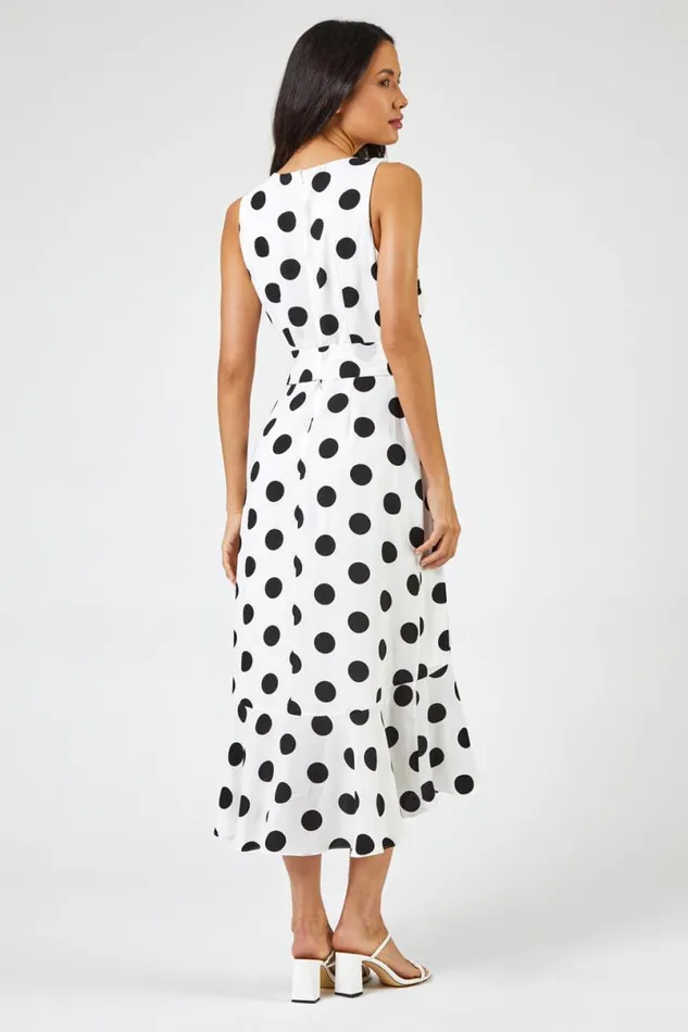 Ivory Spot Frill Hem Asymmetric Midi Wrap Dress Women Roman Dresses