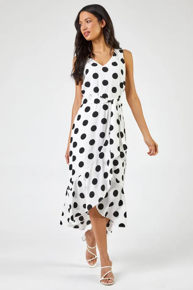 Ivory Spot Frill Hem Asymmetric Midi Wrap Dress Women Roman Dresses
