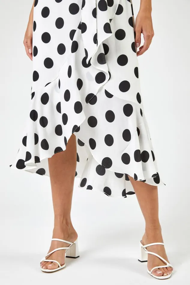 Ivory Spot Frill Hem Asymmetric Midi Wrap Dress Women Roman Dresses