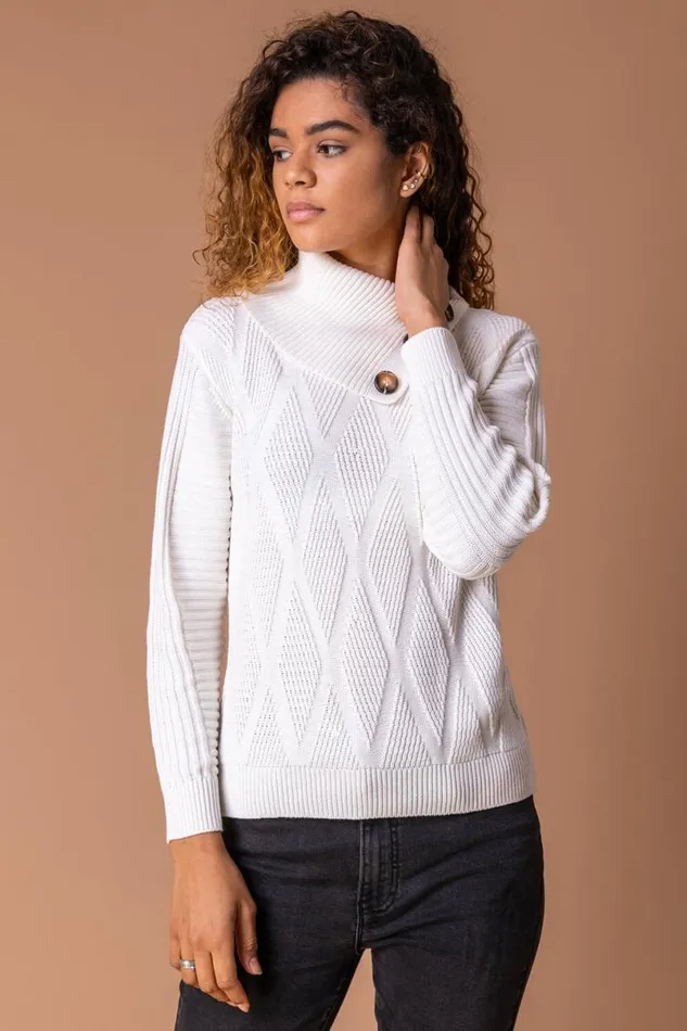 Ivory Textured Cowl Neck Button Detail Jumper Women Roman Knitwear