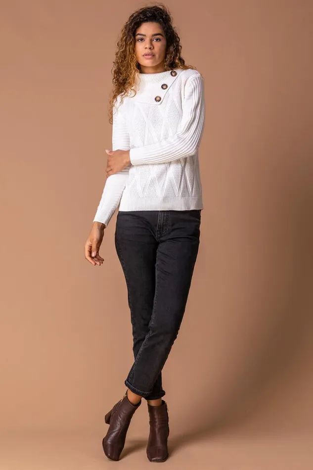 Ivory Textured Cowl Neck Button Detail Jumper Women Roman Knitwear