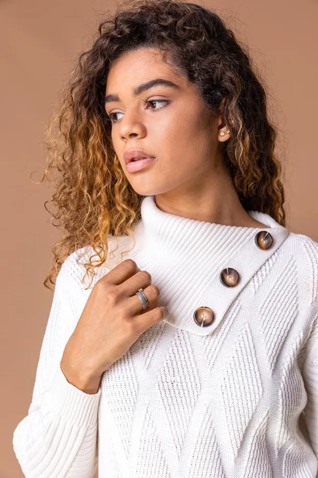 Ivory Textured Cowl Neck Button Detail Jumper Women Roman Knitwear