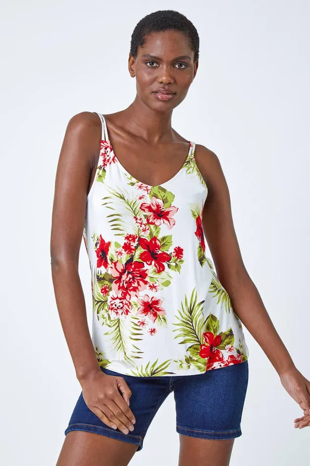 Ivory Tropical Print VNeck Strap Detail Cami Top Women Roman Tops