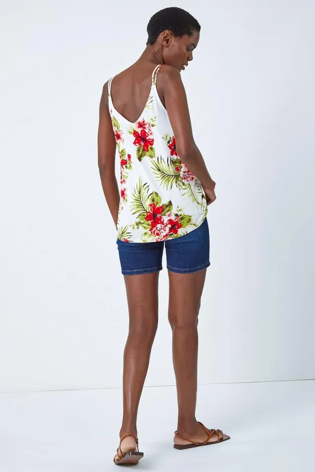 Ivory Tropical Print VNeck Strap Detail Cami Top Women Roman Tops