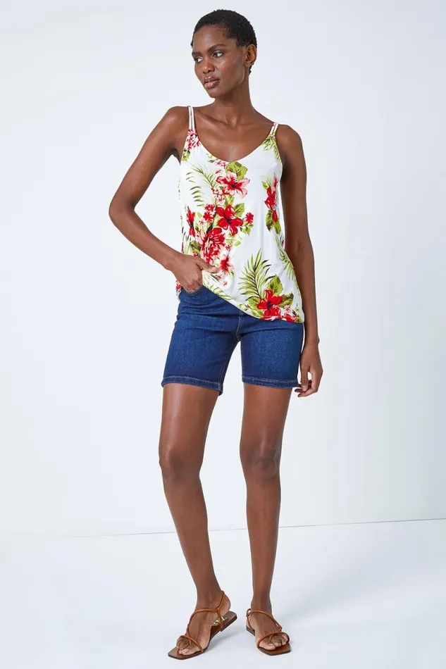 Ivory Tropical Print VNeck Strap Detail Cami Top Women Roman Tops