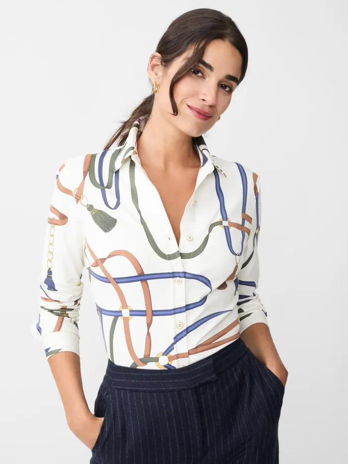 JMcLaughlin Betty Shirt In Fringe Fete Off Whitebluegreen Women Shirts and Tops