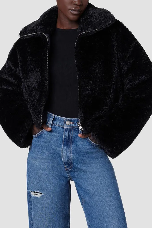 Jackets and Outerwear Women Hudson Jeans Cropped Plush Teddy Fur Jacket Black