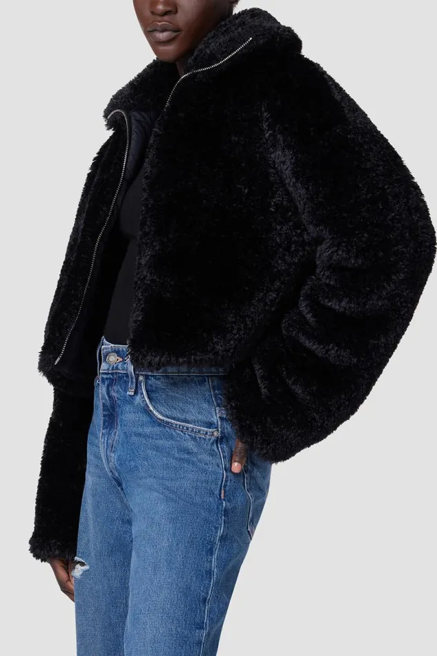 Jackets and Outerwear Women Hudson Jeans Cropped Plush Teddy Fur Jacket Black