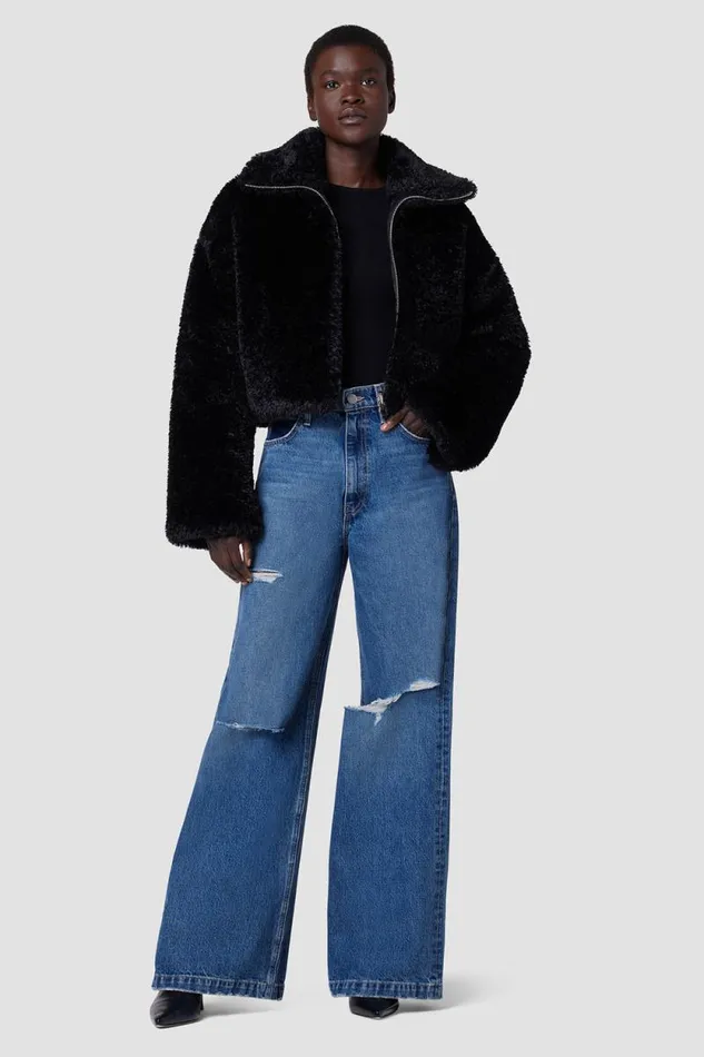 Jackets and Outerwear Women Hudson Jeans Cropped Plush Teddy Fur Jacket Black