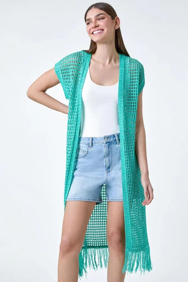 Jade Longline Shimmer Tassel Knit Kimono Women Roman Knitwear