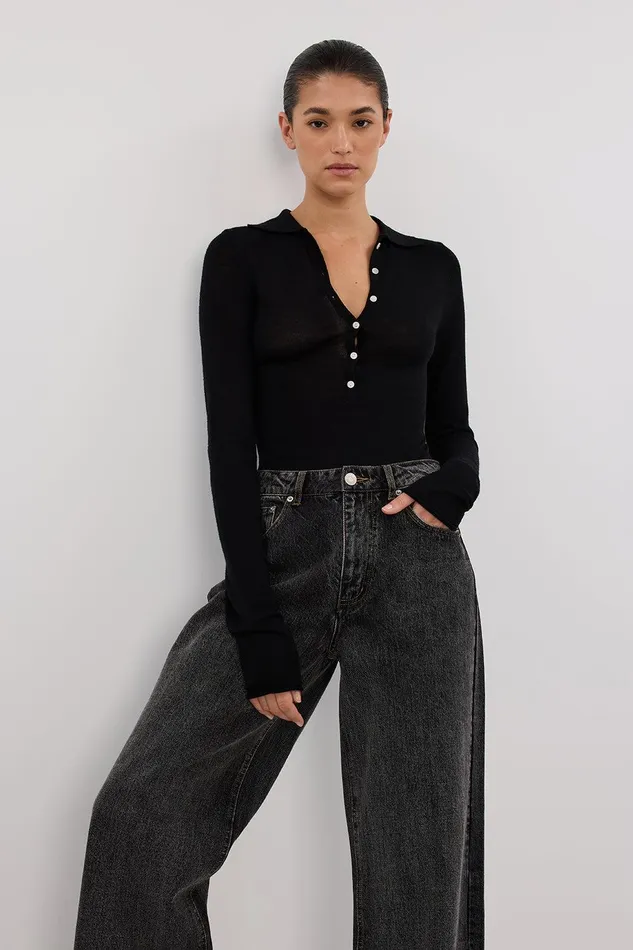 JANE BLACK MERINO POLO KNIT TOP Women DISSH Long Sleeved