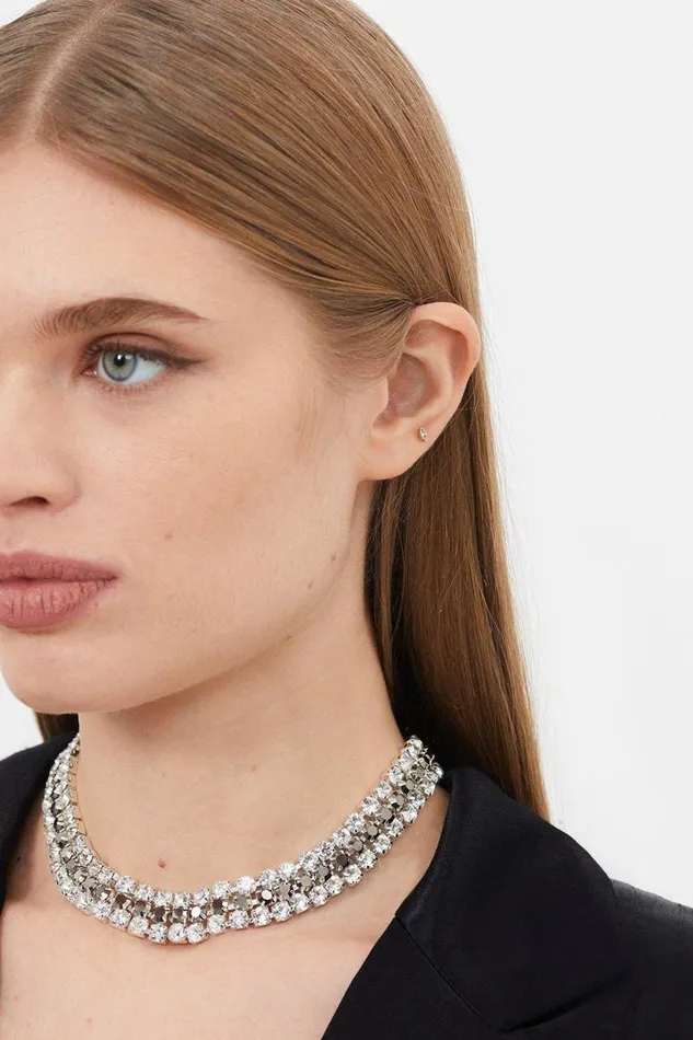 Jewellery Women Karen Millen Diamante Layered Choker Necklace Silver