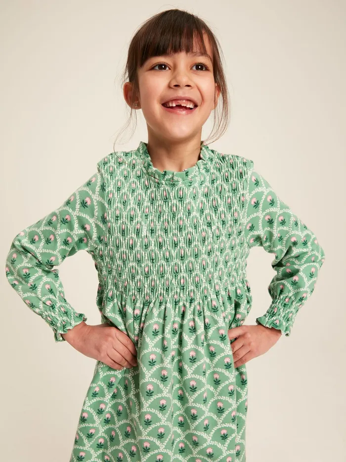 Joules Dresses Green Cotton Shirred Floral Dress 8211 Girls