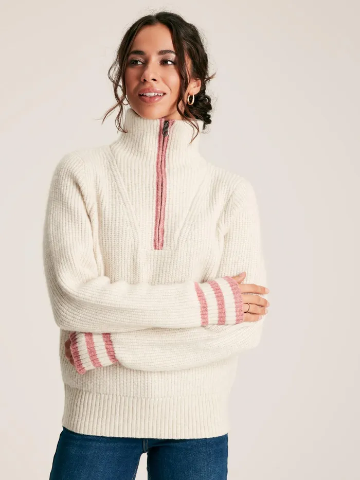 Joules Knitwear Cream Quarter Zip Rib Knit Jumper 8211 Women