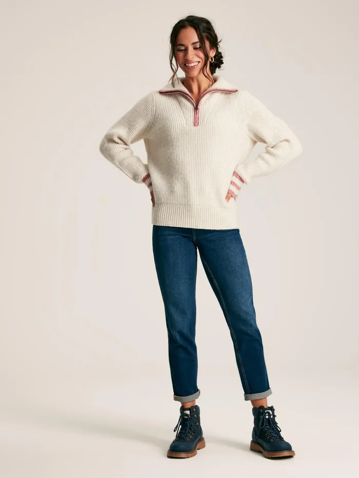 Joules Knitwear Cream Quarter Zip Rib Knit Jumper 8211 Women