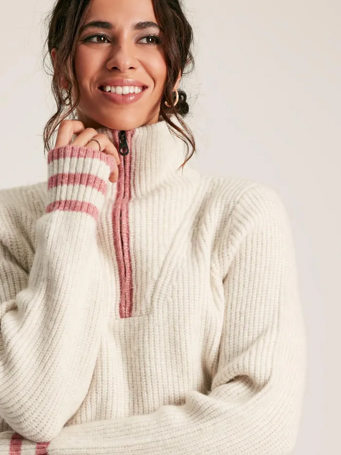 Joules Knitwear Cream Quarter Zip Rib Knit Jumper 8211 Women