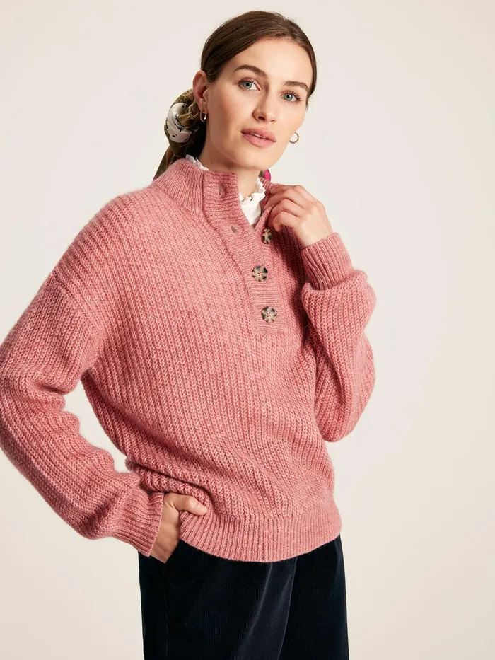 Joules Knitwear Pink Button Neck Ribbed Jumper 8211 Women
