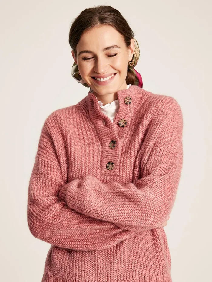 Joules Knitwear Pink Button Neck Ribbed Jumper 8211 Women