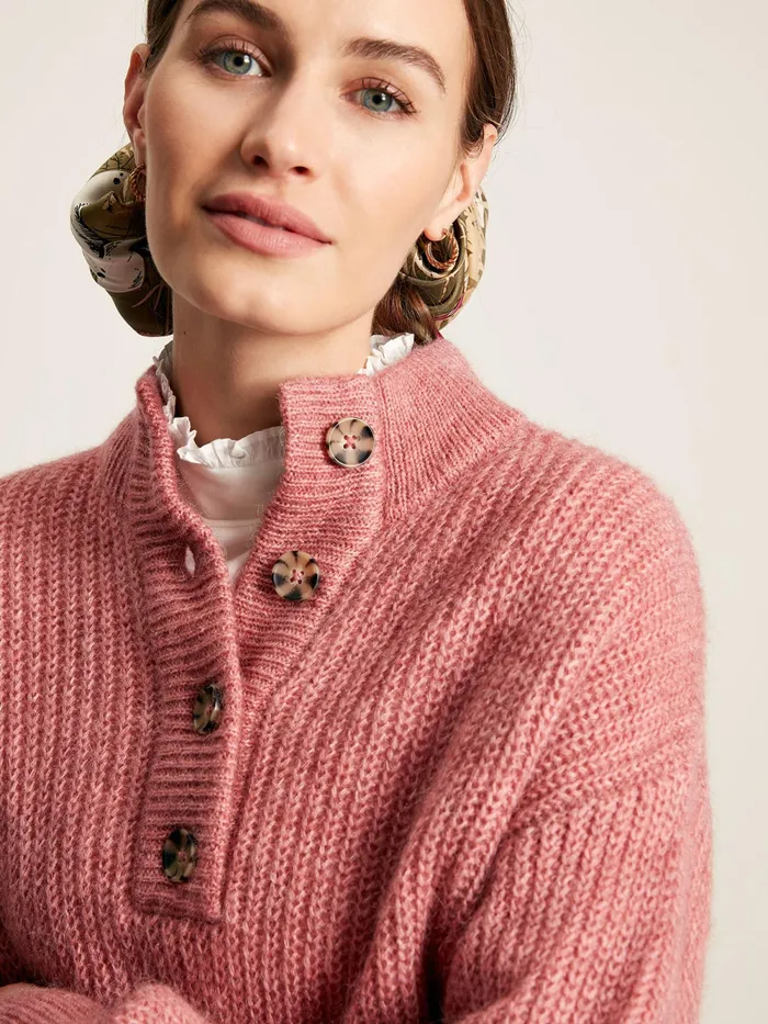 Joules Knitwear Pink Button Neck Ribbed Jumper 8211 Women