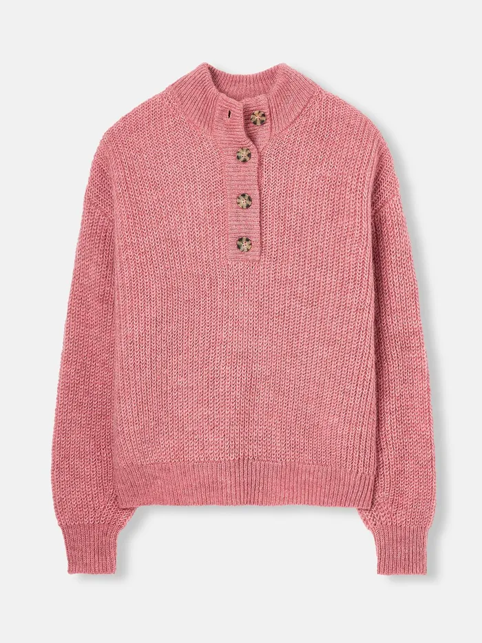 Joules Knitwear Pink Button Neck Ribbed Jumper 8211 Women