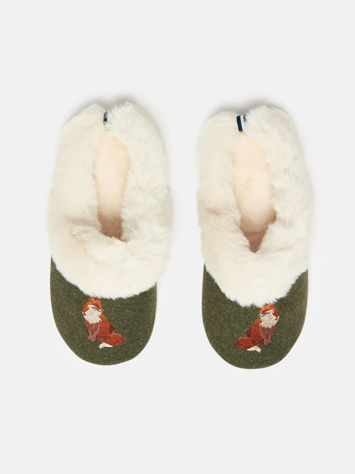 Joules Nightwear Green Faux Fur Lined Embroidered Mule Slippers 8211 Women