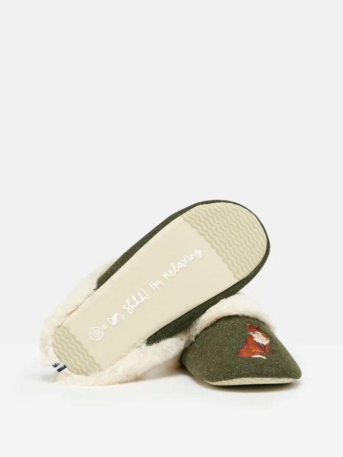 Joules Nightwear Green Faux Fur Lined Embroidered Mule Slippers 8211 Women