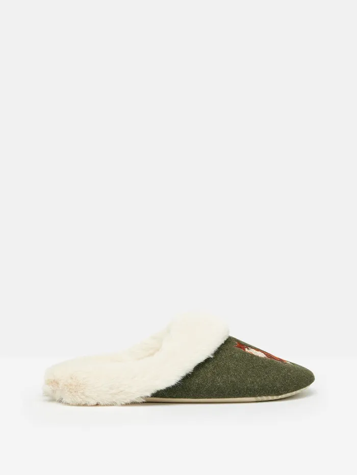 Joules Nightwear Green Faux Fur Lined Embroidered Mule Slippers 8211 Women
