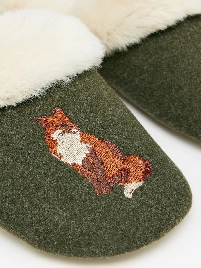 Joules Nightwear Green Faux Fur Lined Embroidered Mule Slippers 8211 Women