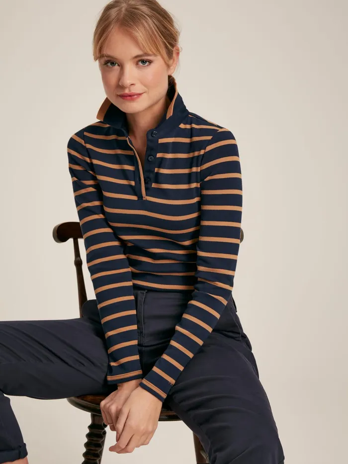 Joules Tops Navy and Tan Long Sleeve Ribbed Polo Shirt 8211 Women