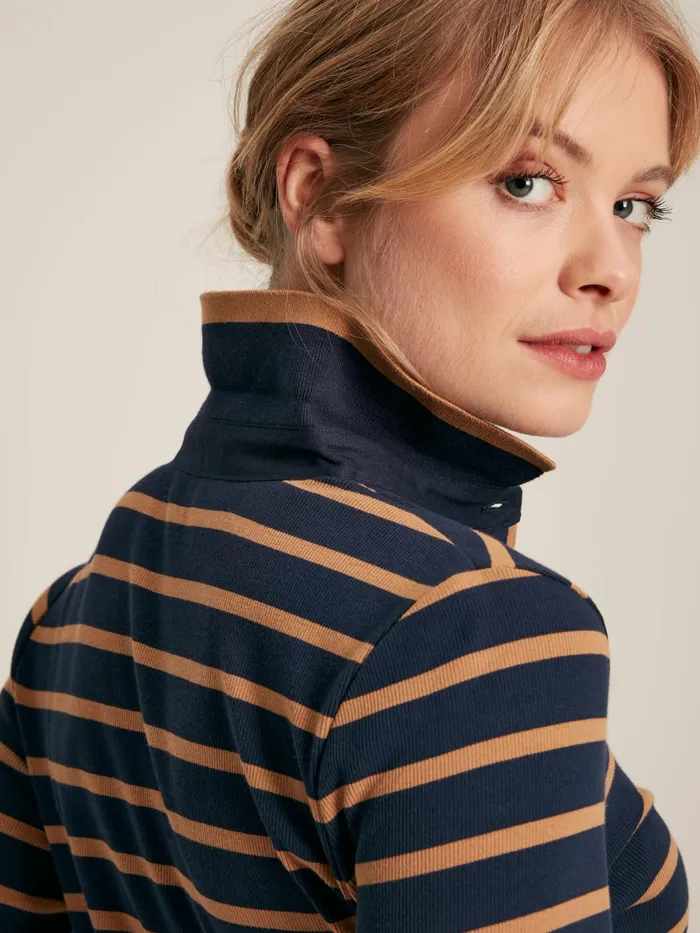 Joules Tops Navy and Tan Long Sleeve Ribbed Polo Shirt 8211 Women