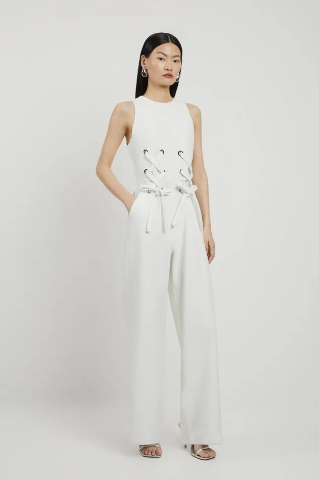 Jumpsuits Women Karen Millen Compact Stretch Eyelet Detailed Ribbon Jumpsuit Ivory Jumpsuits Women Karen Millen Compact Stretch Eyelet Detailed Ribbon Jumpsuit Ivory
