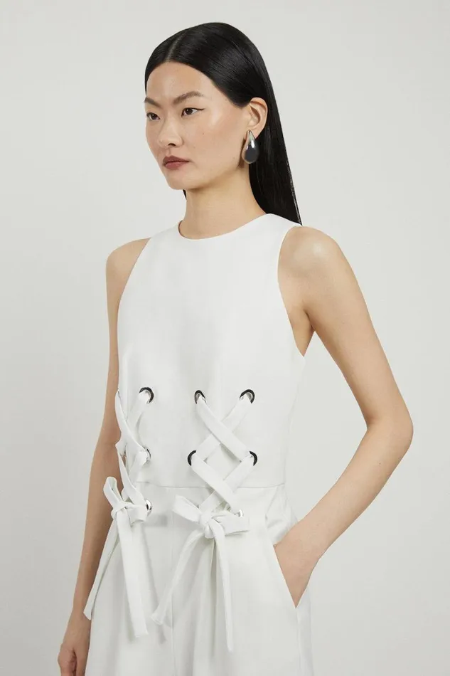 Jumpsuits Women Karen Millen Compact Stretch Eyelet Detailed Ribbon Jumpsuit Ivory
