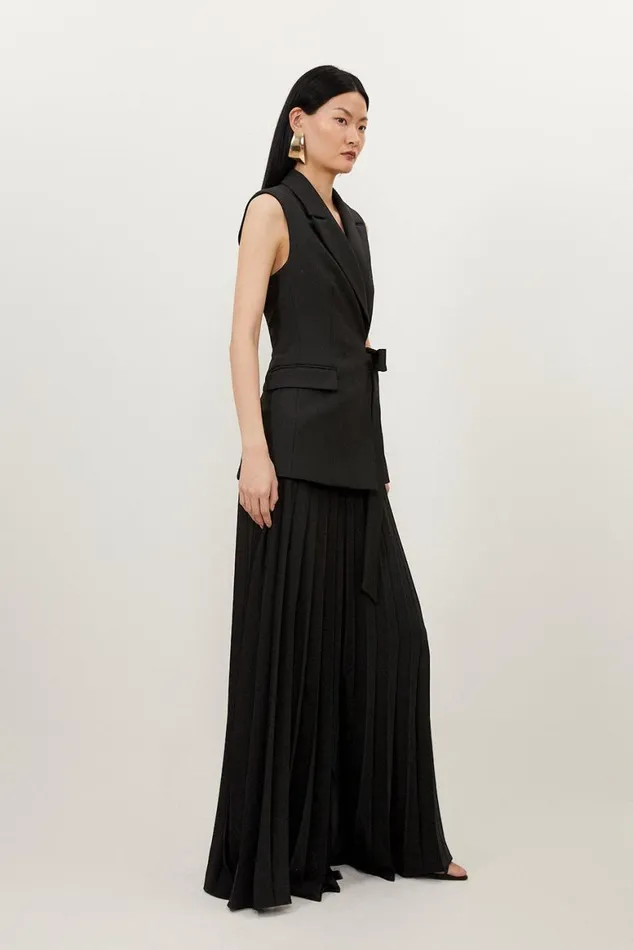 Jumpsuits Women Karen Millen Compact Stretch Tie Blazer Soft Tailored Pleated Jumpsuit Black