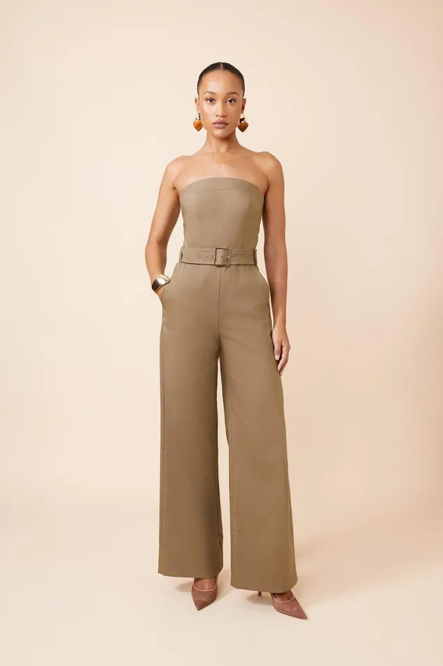 Jumpsuits Women Karen Millen Cotton Sateen Belted Bandeau Tailored Wide Leg Jumpsuit Khaki