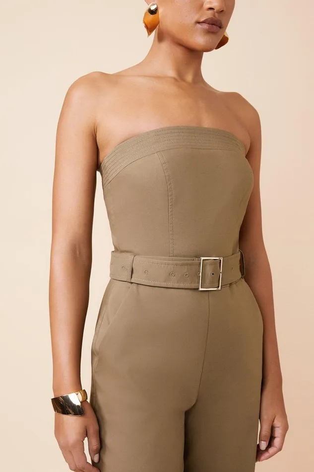 Jumpsuits Women Karen Millen Cotton Sateen Belted Bandeau Tailored Wide Leg Jumpsuit Khaki