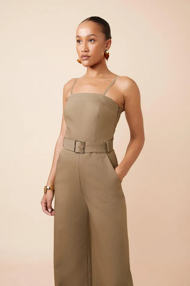 Jumpsuits Women Karen Millen Cotton Sateen Belted Bandeau Tailored Wide Leg Jumpsuit Khaki