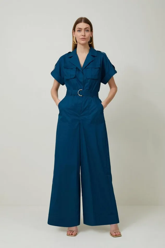 Jumpsuits Women Karen Millen Cotton Sateen Woven Wide Leg Jumpsuit Navy