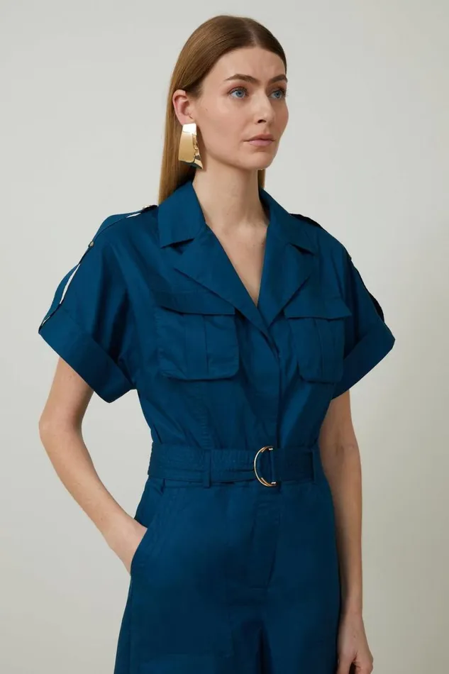Jumpsuits Women Karen Millen Cotton Sateen Woven Wide Leg Jumpsuit Navy
