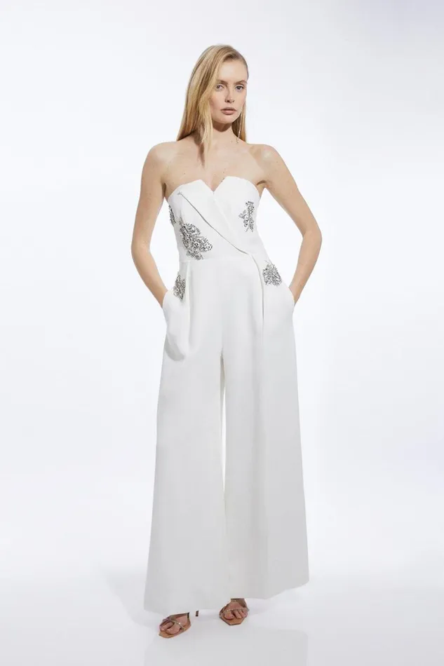 Jumpsuits Women Karen Millen Crystal Embellished Bandeau Wrap Tailored Wide Leg Jumpsuit Ivory Jumpsuits Women Karen Millen Crystal Embellished Bandeau Wrap Tailored Wide Leg Jumpsuit Ivory