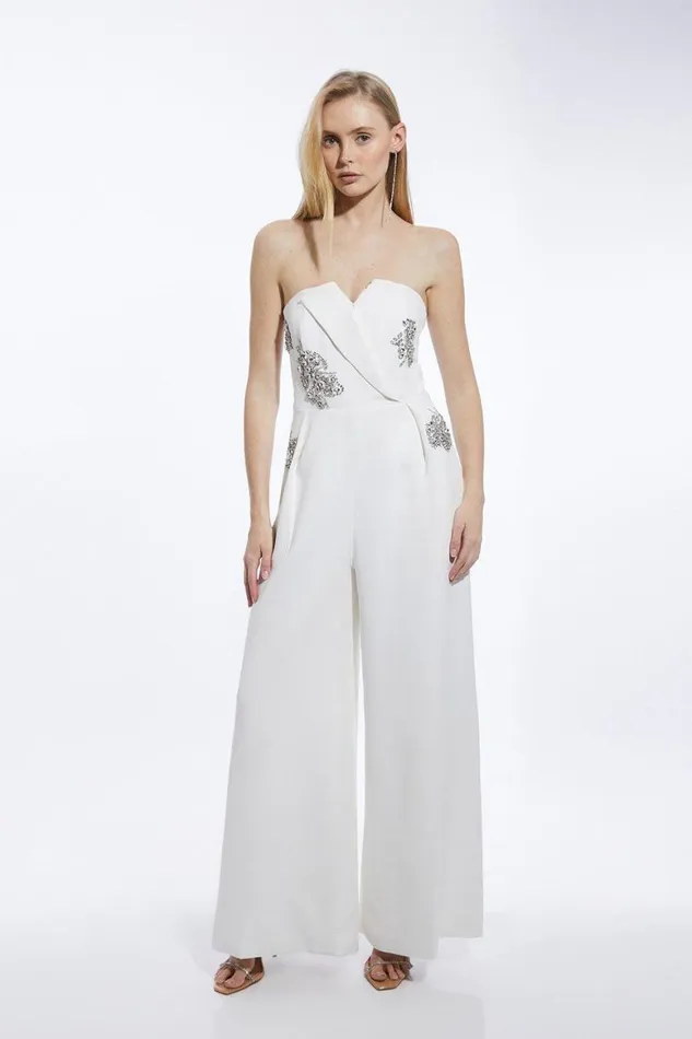 Jumpsuits Women Karen Millen Crystal Embellished Bandeau Wrap Tailored Wide Leg Jumpsuit Ivory