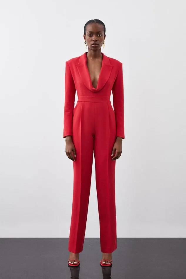 Jumpsuits Women Karen Millen Curved Neckline Tailored Blazer Jumpsuit Red