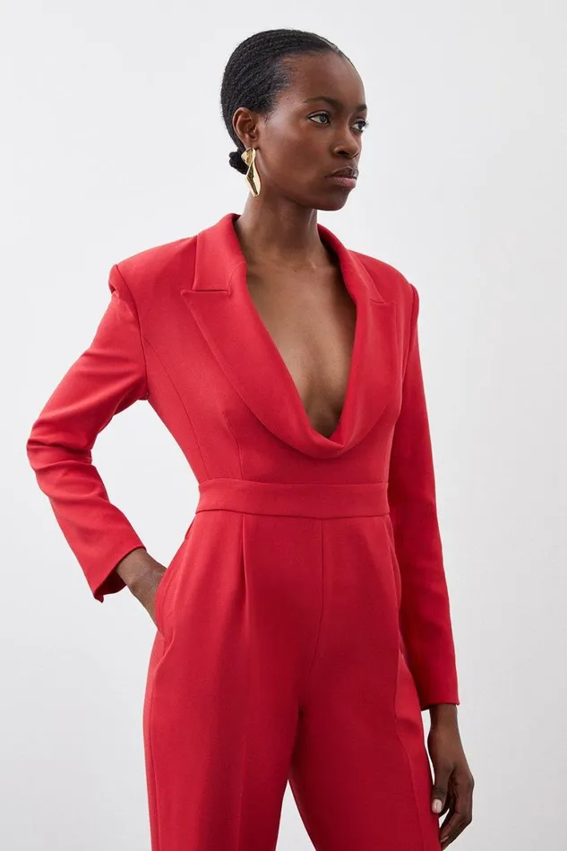 Jumpsuits Women Karen Millen Curved Neckline Tailored Blazer Jumpsuit Red
