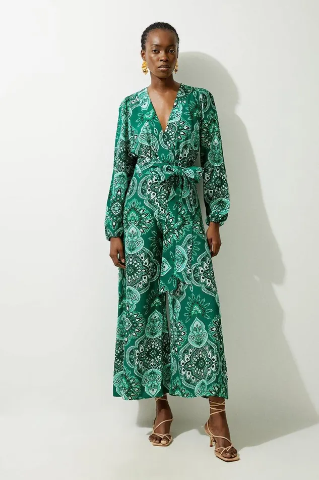 Jumpsuits Women Karen Millen Petite Paisley Printed Morocain Woven Jumpsuit Green Jumpsuits Women Karen Millen Petite Paisley Printed Morocain Woven Jumpsuit Green