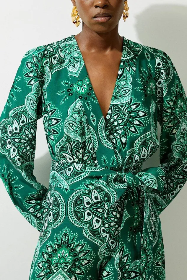 Jumpsuits Women Karen Millen Petite Paisley Printed Morocain Woven Jumpsuit Green