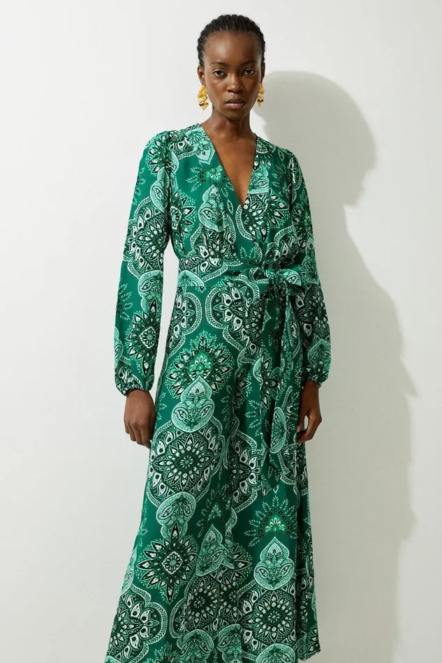 Jumpsuits Women Karen Millen Petite Paisley Printed Morocain Woven Jumpsuit Green